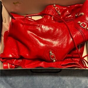 Vibrant Red Thigh High Heeled Boots with Silver Buckles